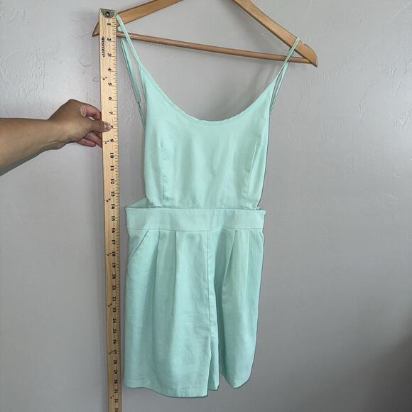 Tea & Cup Women’s Romper Size S Sage Blue Green Open Back Spaghetti Strap - Picture 6 of 11